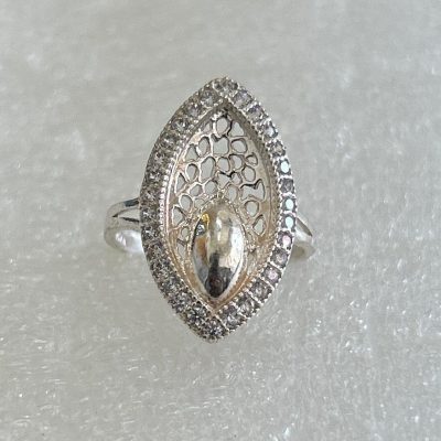Silver-Toned Marquise Statement Ring with Intricate Filigree & American Diamonds | Fancy Cocktail Ring for Women
