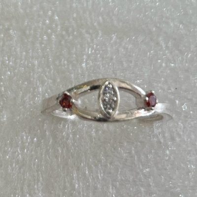 Silver-Toned Minimalist Ring with Marquise Center & Ruby Red Accents | Dainty Stackable Band
