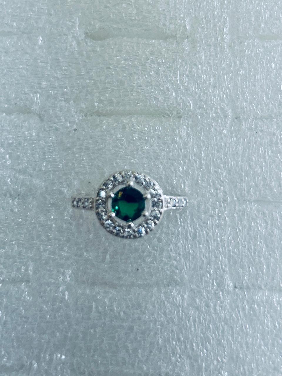 Silver-Toned Classic Round Halo Ring with Emerald Green Center & CZ Accents - Image 3