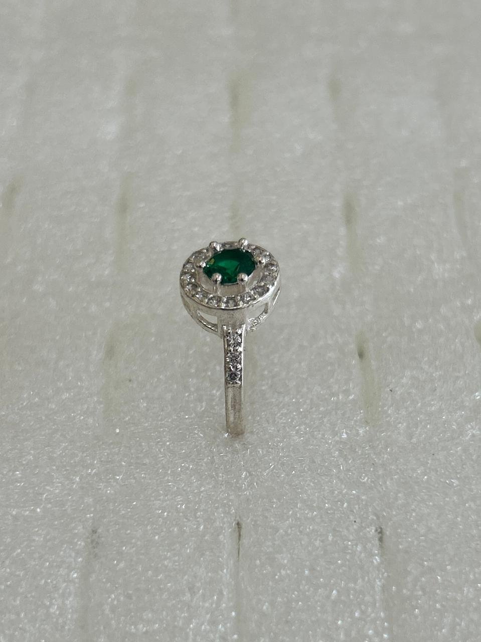 Silver-Toned Classic Round Halo Ring with Emerald Green Center & CZ Accents - Image 4